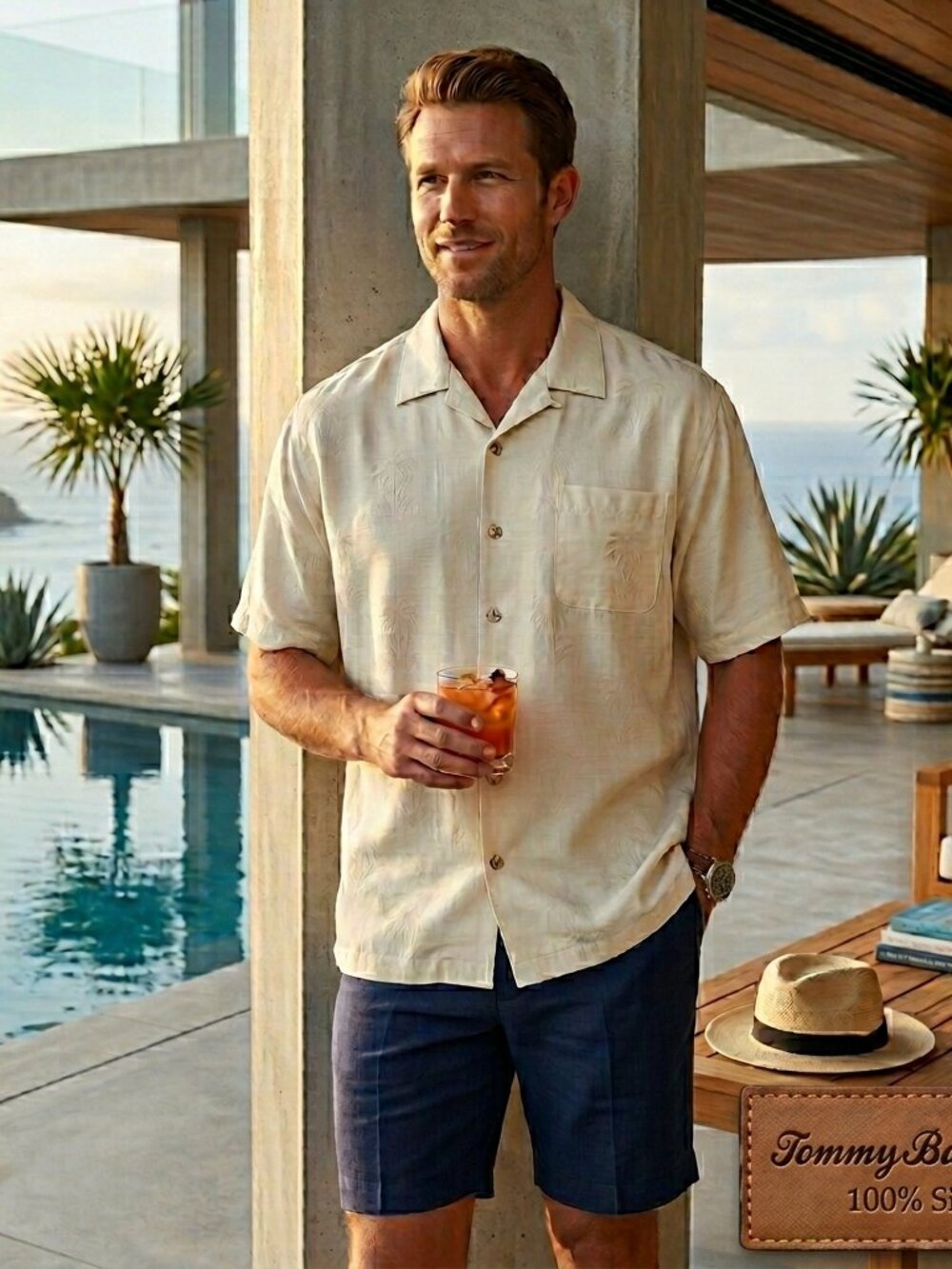 Tommy Bahama Shirt Men XXL 100% Silk Crème Pocket Embroidered Palm Preppy Beachy